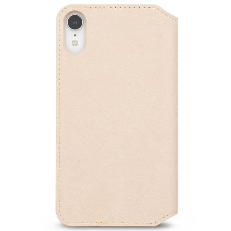 Moshi Overture For Iphone Xr Beige leather wallet-style phone case with stitched edges and a top-left camera cutout.