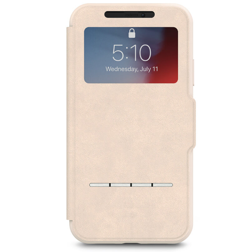 Moshi Sensecover For Iphone Xr - Blue Beige leather flip case with front window for smartphone.