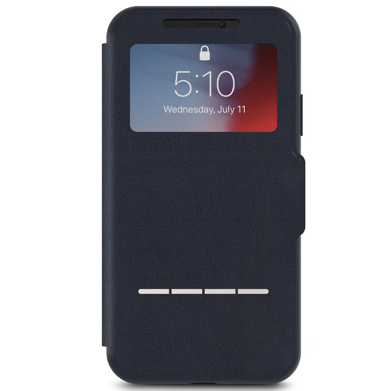 Moshi Sensecover For Iphone Xr - Blue Navy blue leather folio phone case with a window display showing time and date on a smartphone.