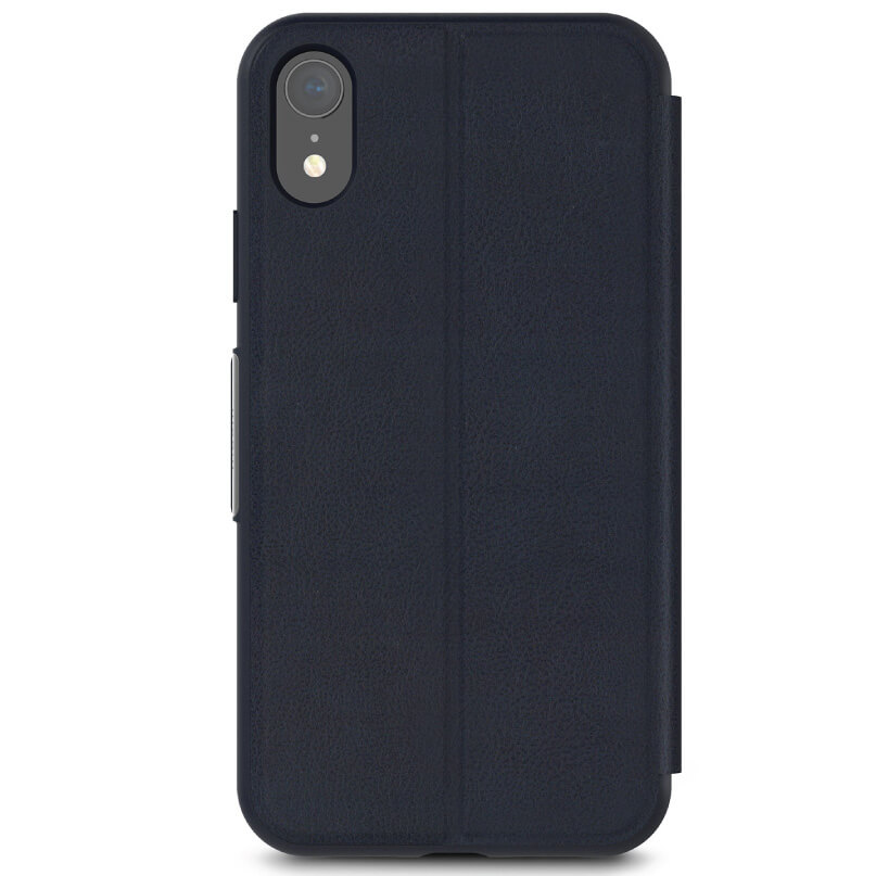 Moshi Sensecover For Iphone Xr - Blue Navy blue leather smartphone case with vertical seam and cutout for a single rear camera.