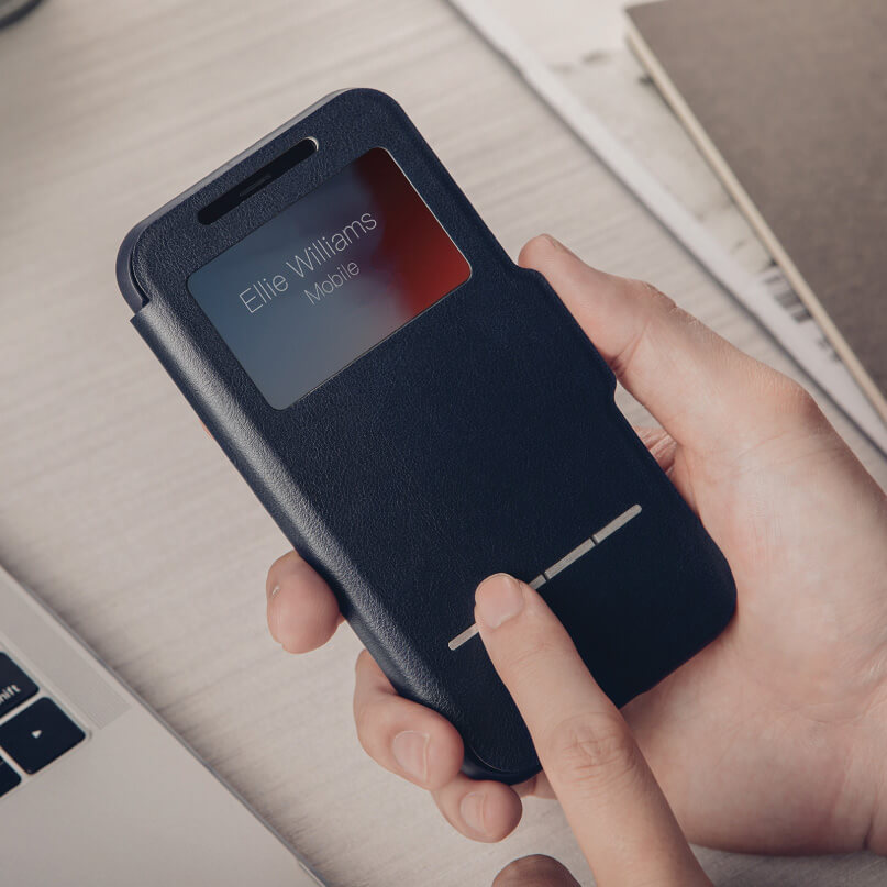 Moshi Sensecover For Iphone Xr - Blue Navy blue leather flip phone case with window displaying elle williams mobile.