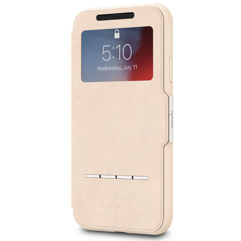 Moshi Sensecover For Iphone Xr - Blue Beige leather-like flip-case for a smartphone with a rectangular front window displaying time.