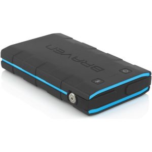 Rugged black external battery pack with blue trim and a power button.