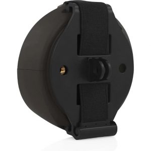 Round black plastic device with a fabric strap, belt clip, and side threaded insert.