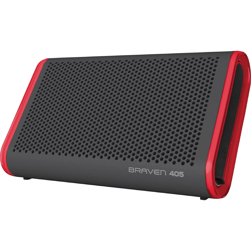 Braven 405 Portable Wireless Speaker Braven 405 portable bluetooth speaker with perforated grille and red side panels