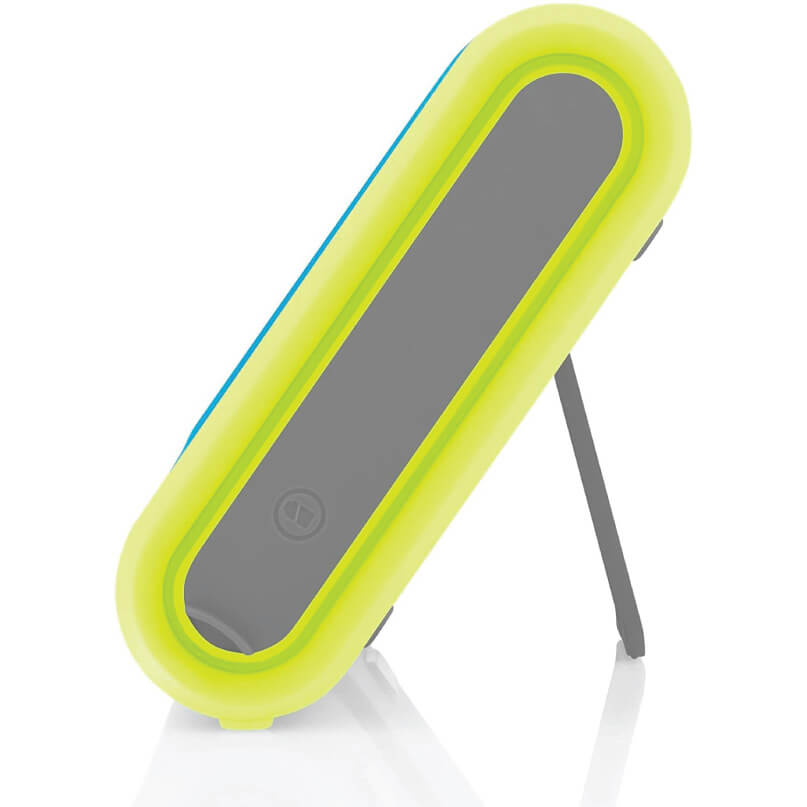 Braven 405 Portable Wireless Speaker Neon yellow oval-shaped portable light with gray center panel and fold-out stand.