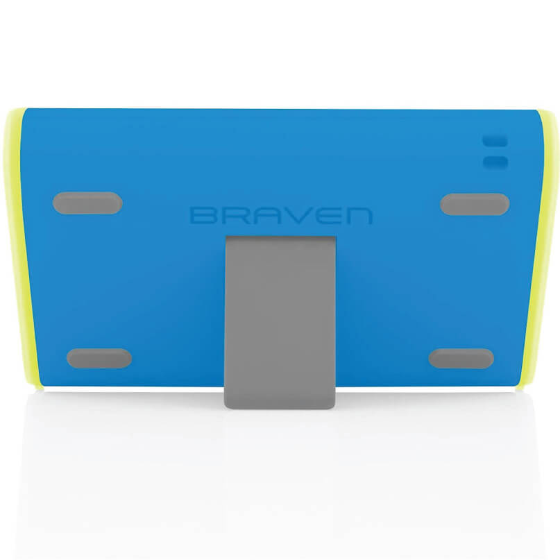 Braven 405 Portable Wireless Speaker Braven portable bluetooth speaker with blue body, yellow edges, and gray kickstand.