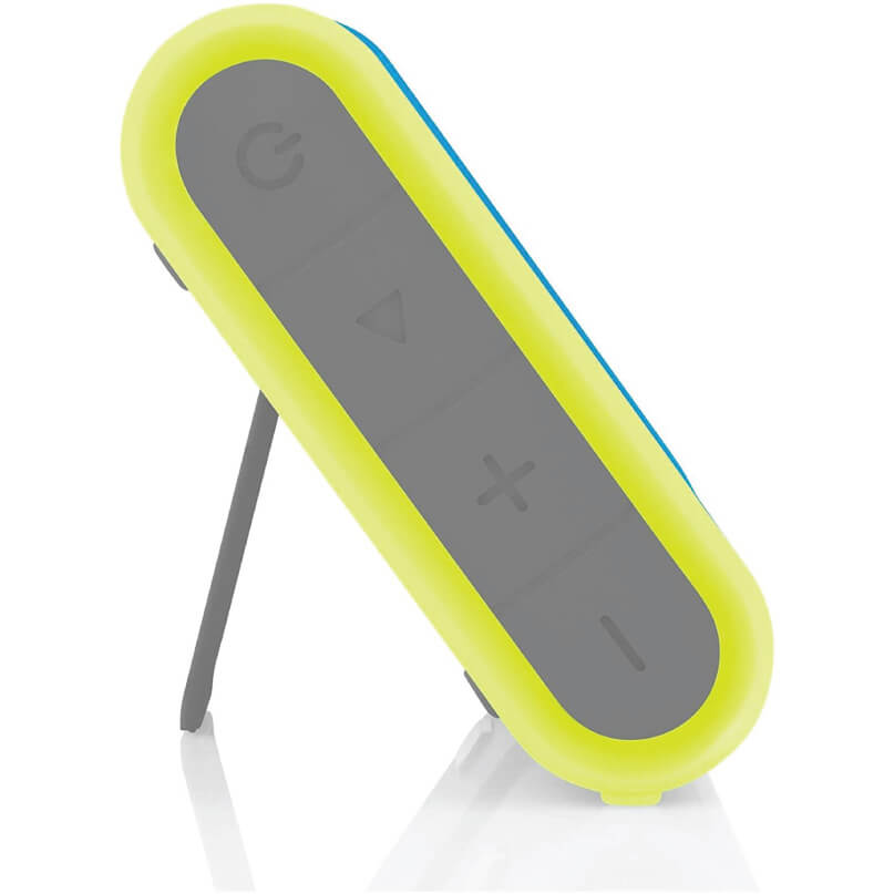 Braven 405 Portable Wireless Speaker Neon yellow portable bluetooth speaker with gray control panel and stand, featuring power, play/pause, and volume buttons.