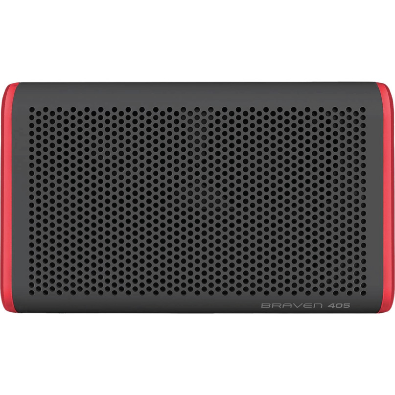 Braven 405 Portable Wireless Speaker Braven 405 portable bluetooth speaker, black with red ends and perforated front grille.