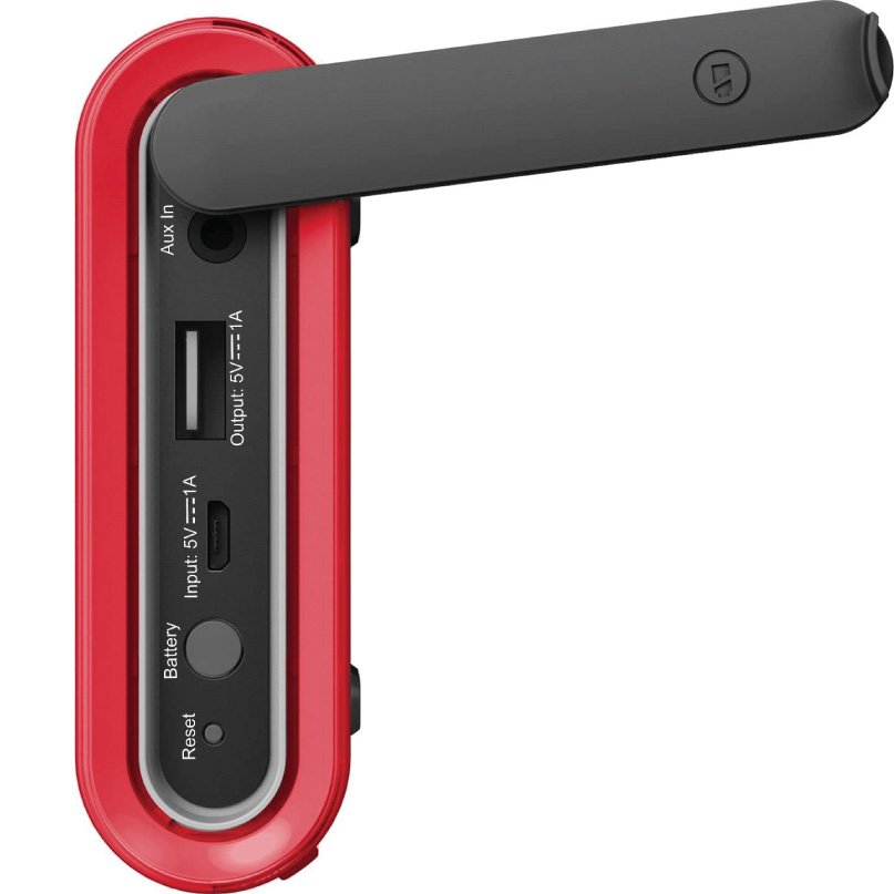Braven 405 Portable Wireless Speaker Red-framed portable power bank with black panel, usb-a output, micro-usb input, auxiliary input, and reset button.
