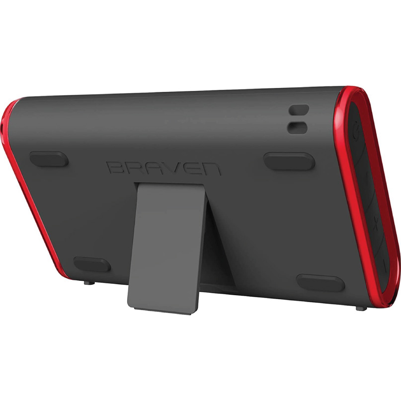 Braven 405 Portable Wireless Speaker Braven portable bluetooth speaker with red edge trim and built-in kickstand.