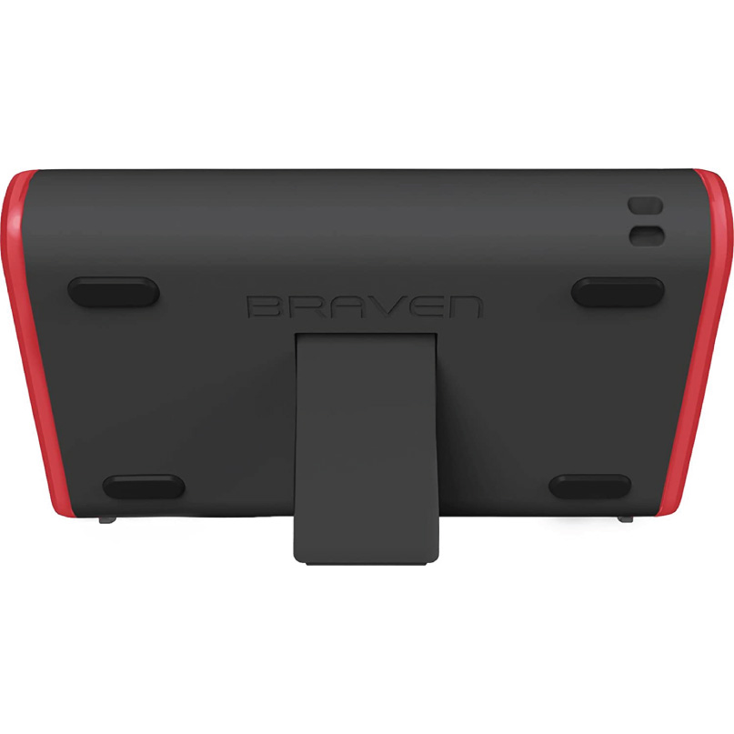 Braven 405 Portable Wireless Speaker Braven portable bluetooth speaker with rear kickstand, black body and red side accents.