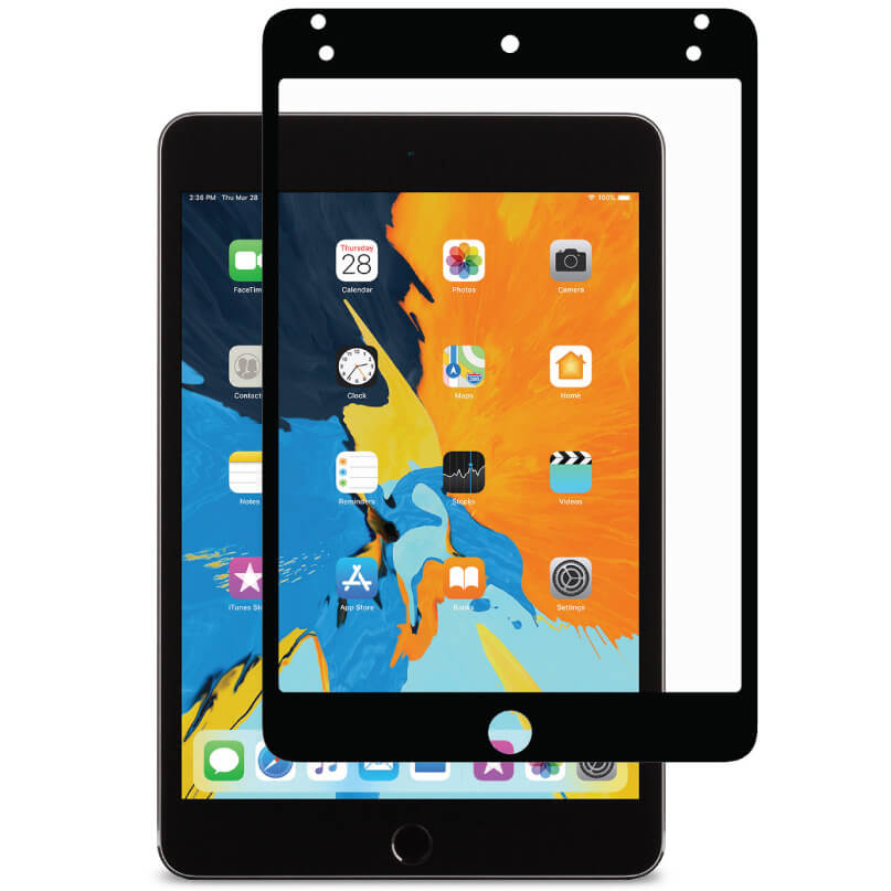 Moshi Ivisor Ag For Ipad Mini 5 - Black Apple ipad tablet with a black protective screen frame overlay and visible home button on colorful app icons.
