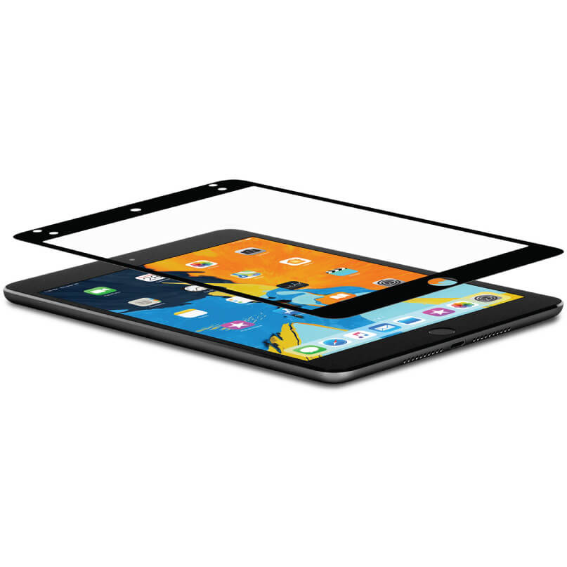 Moshi Ivisor Ag For Ipad Mini 5 - Black Apple ipad tablet with black bezel and home button, displaying colorful app icons, with a protective screen protector above.