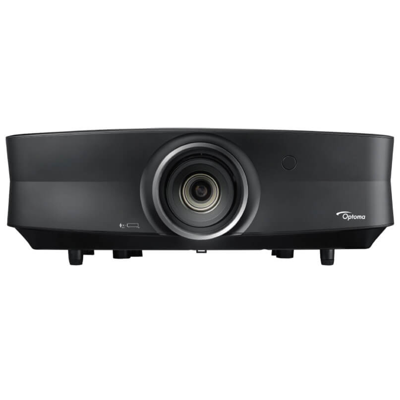 Optoma Op-Uhz65 Home Theatre Projector Optoma projector with central lens and matte black curved housing.