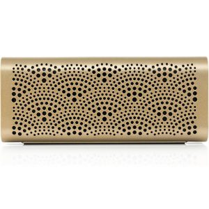 Gold cylindrical portable Bluetooth speaker with a perforated front grille.