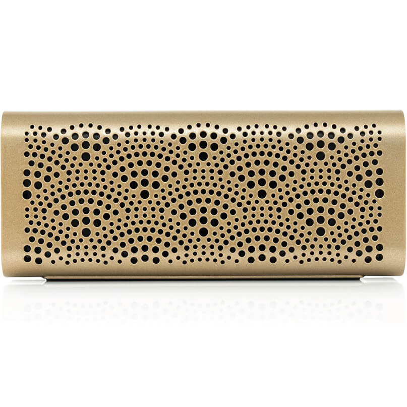 Braven Lux Speaker Gold cylindrical portable bluetooth speaker with a perforated front grille.