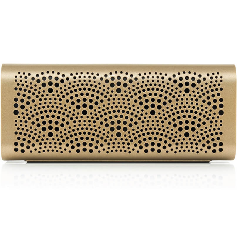 Braven Lux Speaker Gold portable bluetooth speaker with a perforated circular-hole grille and curved rectangular body.