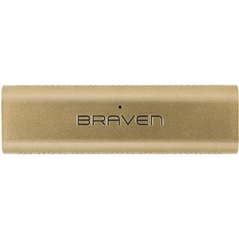 Braven Lux Speaker Braven portable bluetooth speaker in metallic gold with a rounded rectangular body and perforated edges.