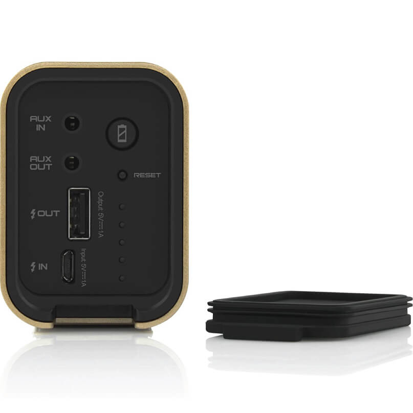 Braven Lux Speaker Compact black portable audio dac/amp with aux in/out ports, usb in/out, reset button, and wooden frame.