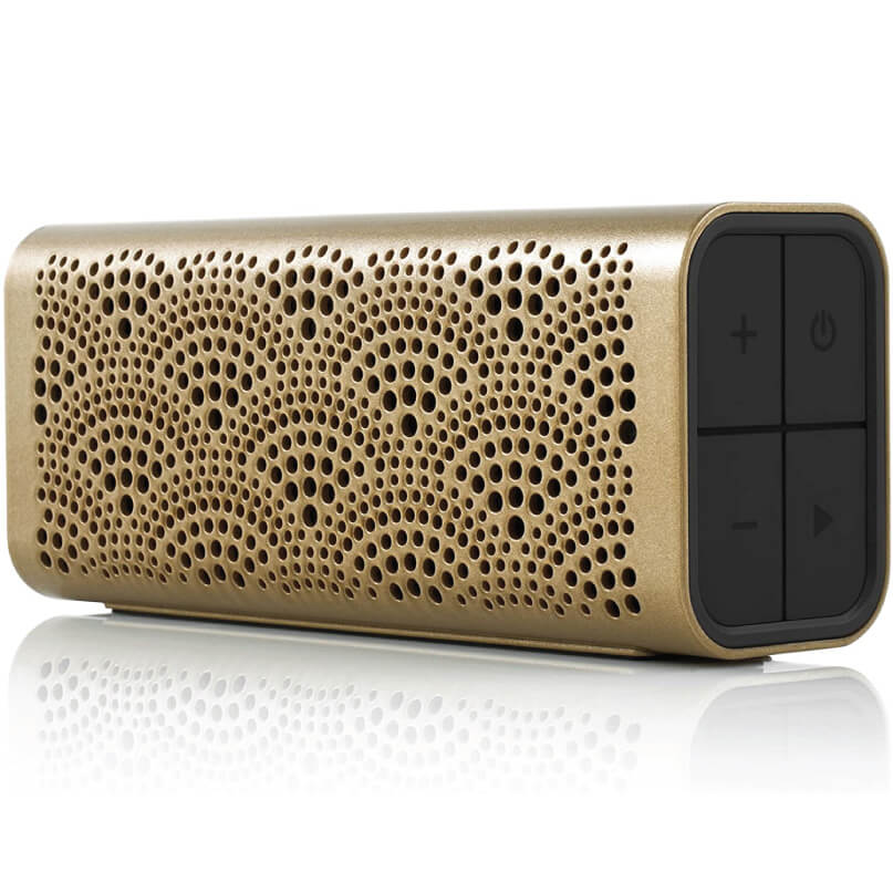Braven Lux Speaker Gold portable bluetooth speaker with perforated grille and a four-button black end panel.