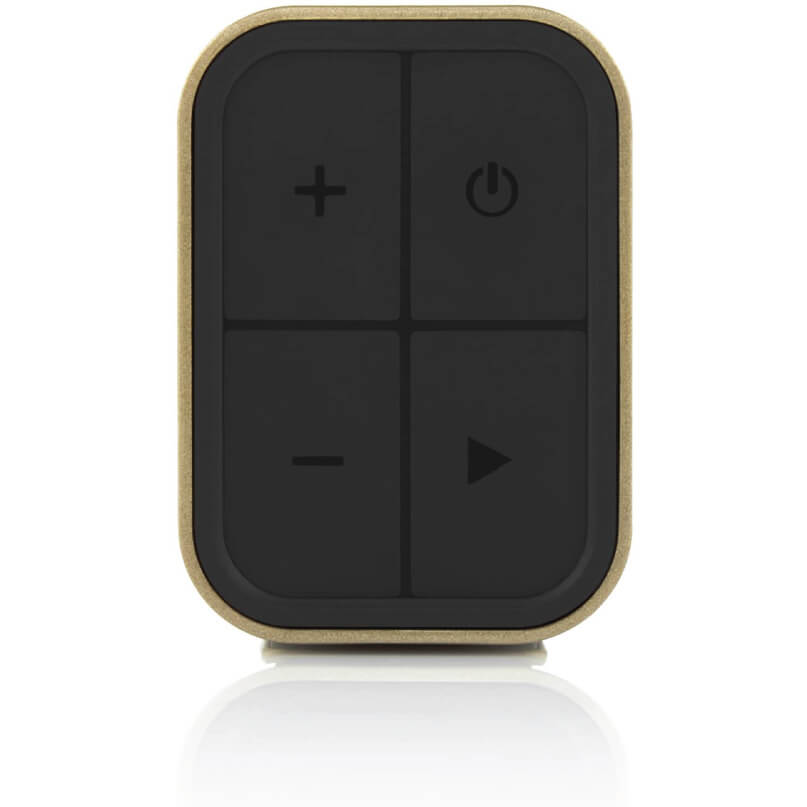 Braven Lux Speaker Compact black wireless speaker with four-button control panel and a gold-tone border.
