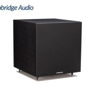 Cambridge Audio subwoofer with a black fabric grille and a compact rectangular cabinet on metal feet.