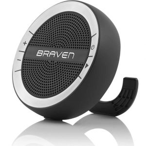 Braven portable Bluetooth speaker, round black perforated grille with a silver outer ring and integrated stand.