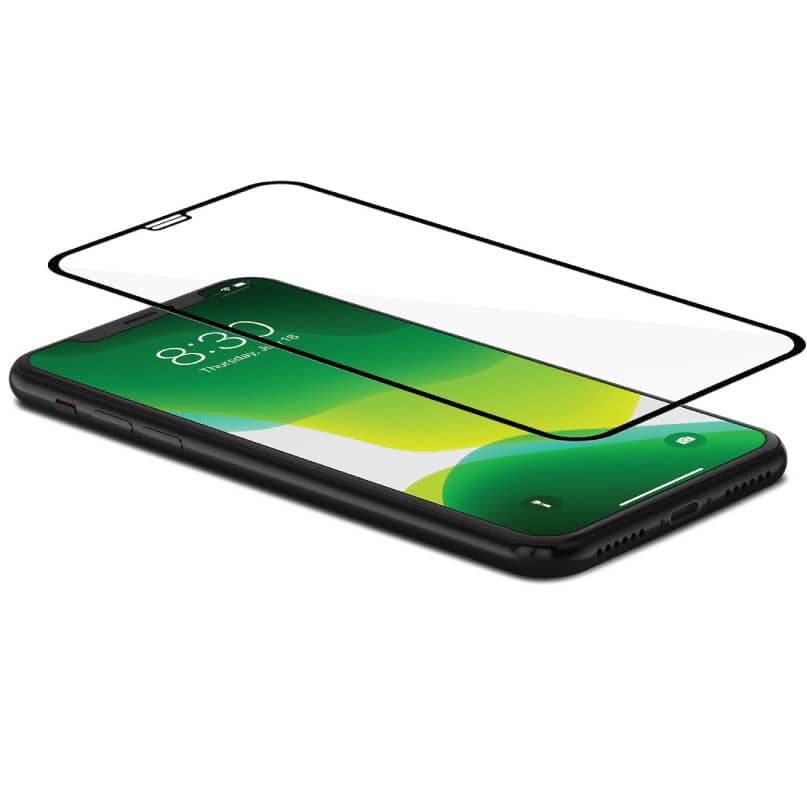 Moshi Ionglass For Iphone For 11 Pro/Xs/X Black smartphone with a curved-edge glass screen protector hovering above the display.