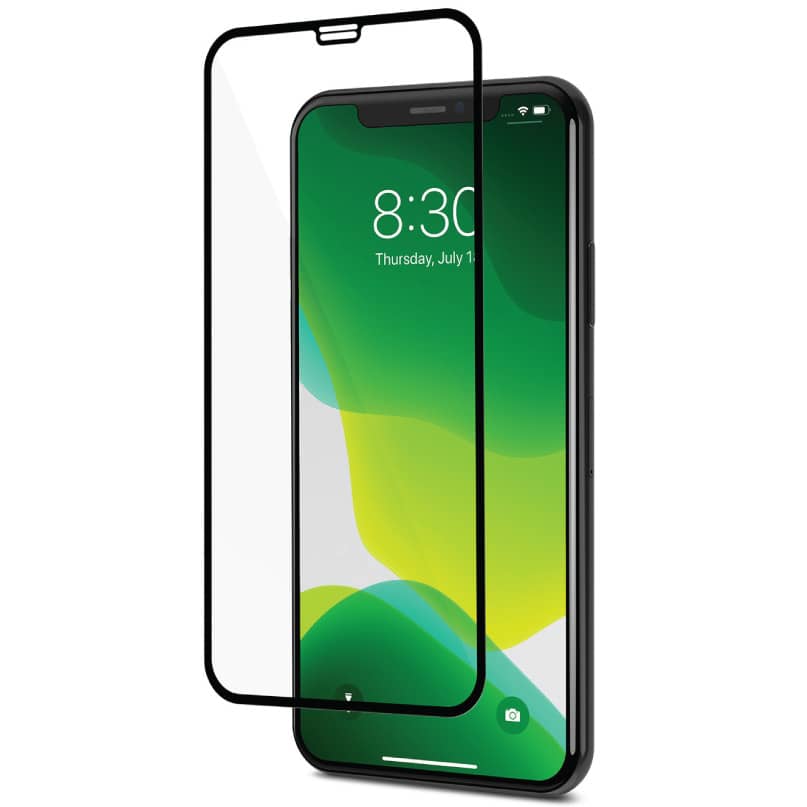 Moshi Ionglass For Iphone For 11 Pro/Xs/X Apple iphone smartphone with a black-framed glass screen protector positioned beside it.