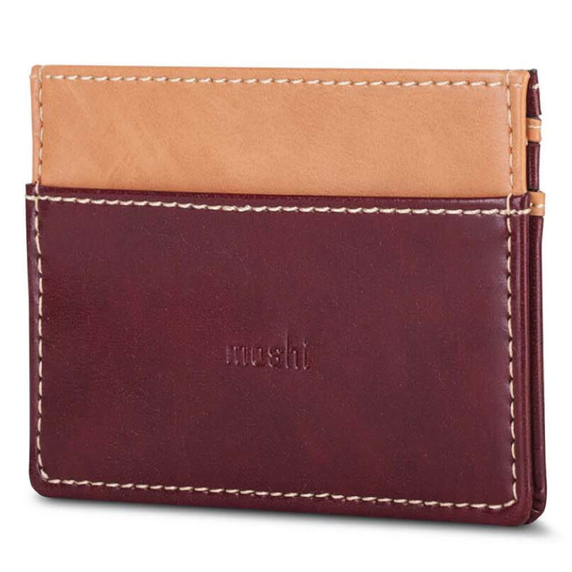 Moshi Slim Wallet Moshi two-tone leather bifold wallet with tan top and burgundy body, white contrast stitching and embossed logo