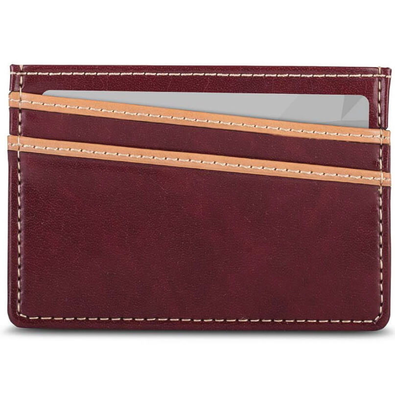 Moshi Slim Wallet Burgundy leather card wallet with tan contrast stitching and two card slots.