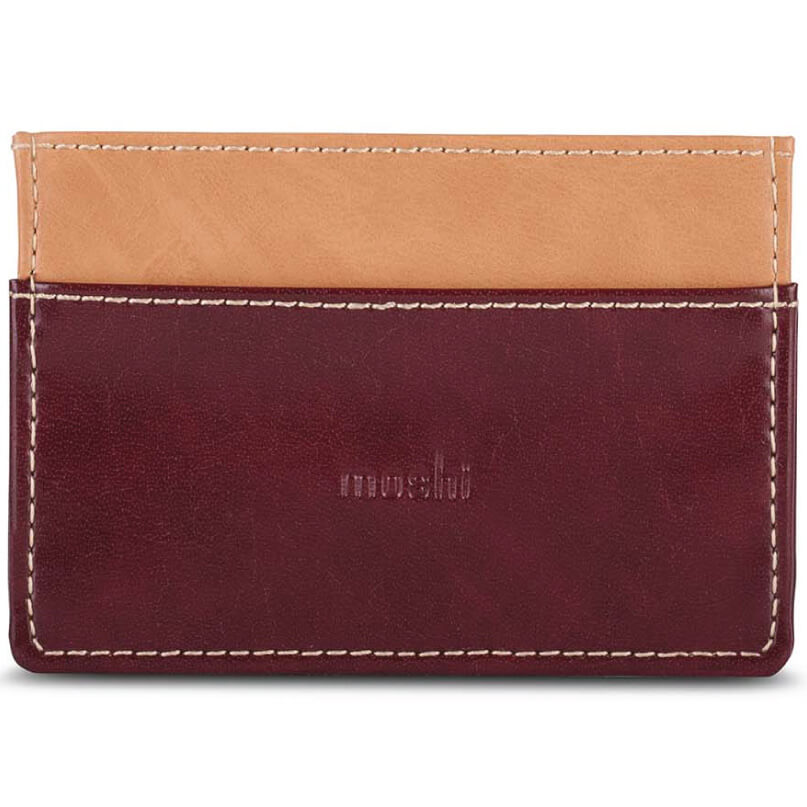 Moshi Slim Wallet Two-tone leather card wallet with tan top panel, burgundy bottom panel, and white contrast stitching.