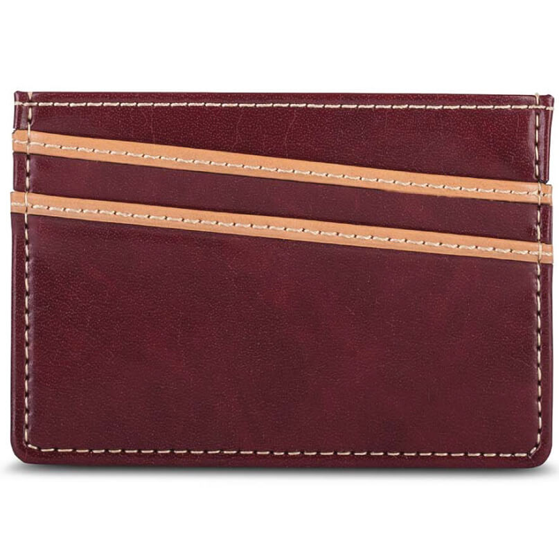 Moshi Slim Wallet Burgundy leather card wallet with two tan card slots and white stitching.