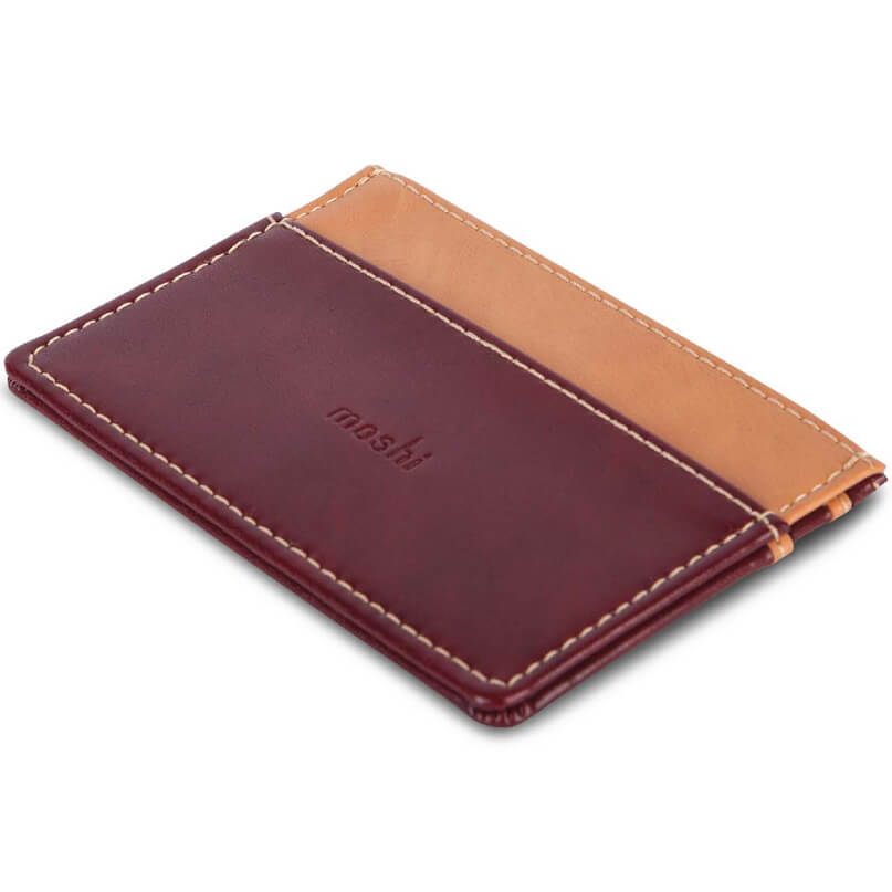 Moshi Slim Wallet Two-tone burgundy and tan leather card wallet with white contrast stitching.
