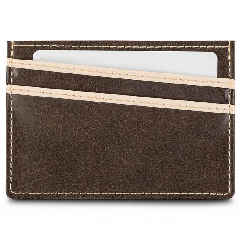 Moshi Slim Wallet Brown leather card holder wallet with cream stitching and two card slots, with a white card partially visible.