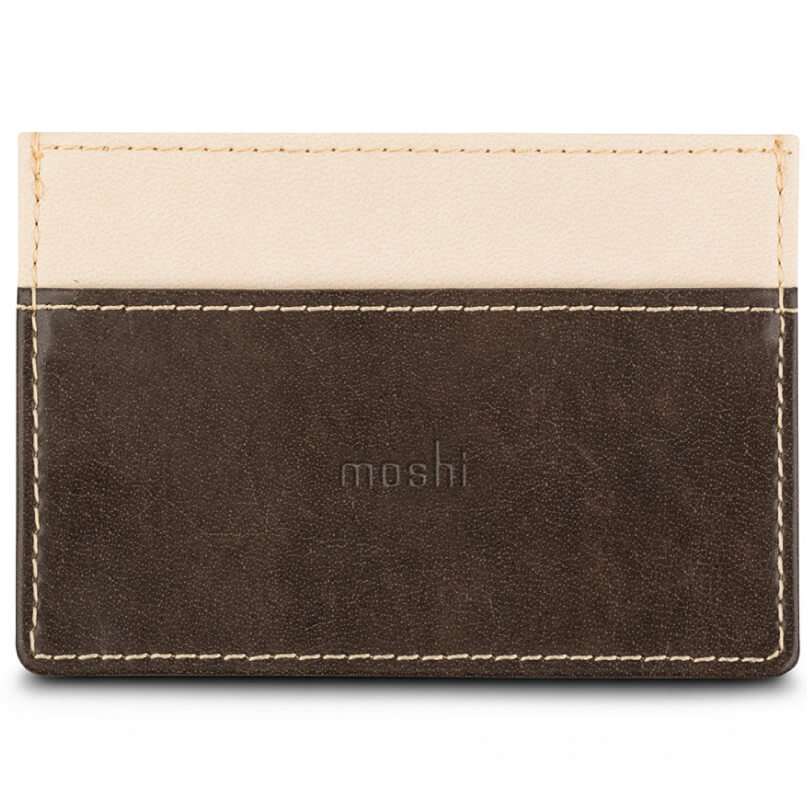 Moshi Slim Wallet Moshi leather card wallet in beige and dark brown with white stitching and embossed logo.
