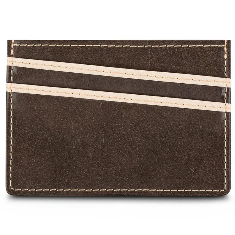 Moshi Slim Wallet Brown leather card holder with two beige diagonal card slots and white stitching.