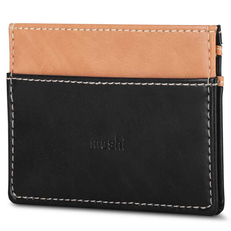 Moshi Slim Wallet Two-tone leather card wallet with black body, tan top panel, white stitching, and embossed mosh
