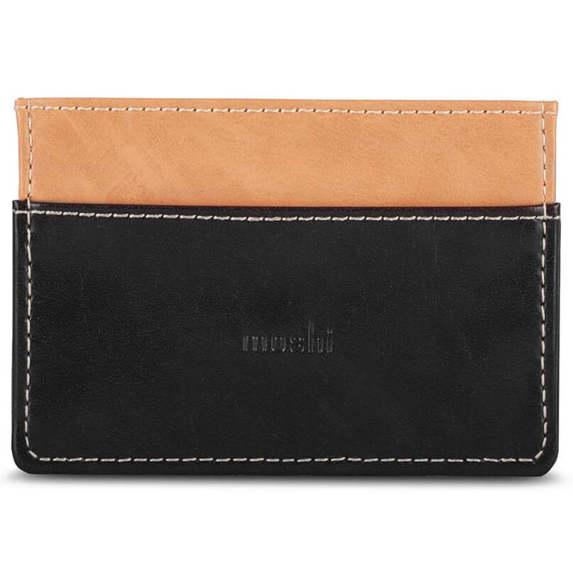 Moshi Slim Wallet Two-tone leather cardholder wallet with black body and tan top, white contrast stitching and slim design.