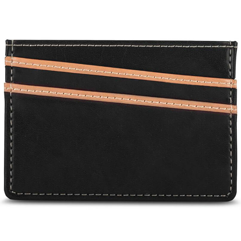 Moshi Slim Wallet Black leather card holder with two peach card slots and white stitching.