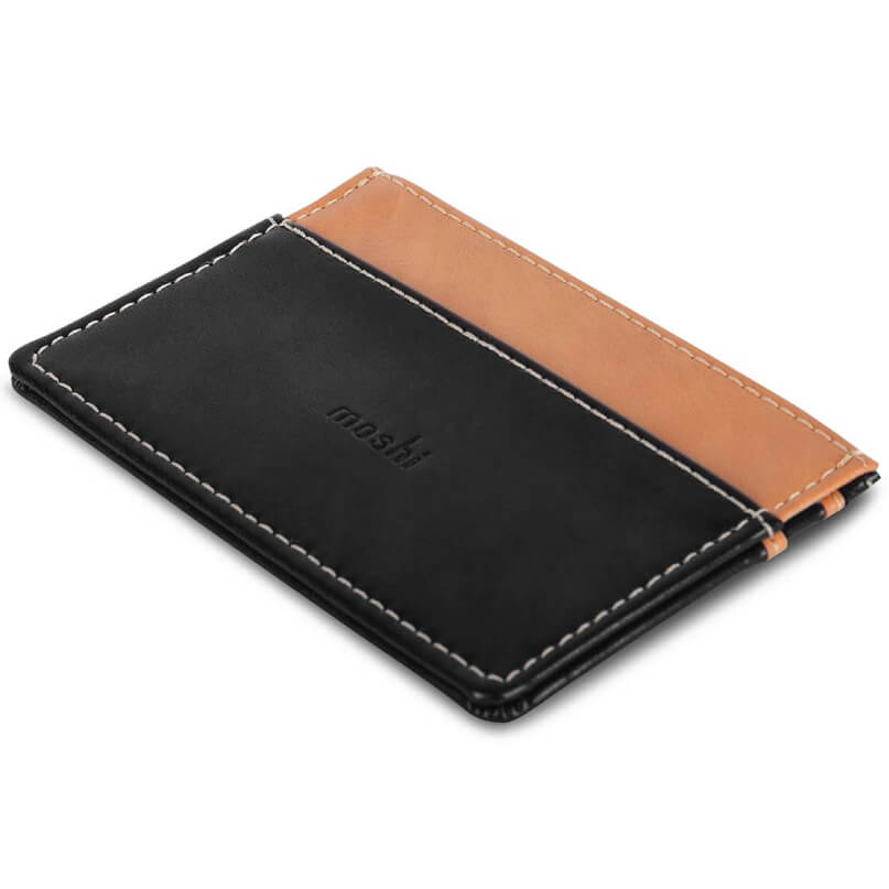 Moshi Slim Wallet Two-tone leather wallet in black and tan with white stitching and embossed mosh logo.
