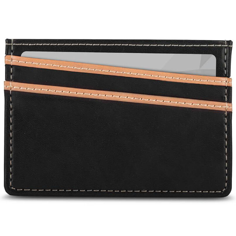 Moshi Slim Wallet Black leather card holder with tan stitching and two card slots, one card partially visible.