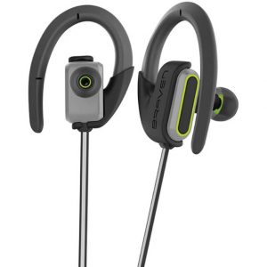Braven wireless sport earphones with over-ear hooks, gray body, and neon green accents.