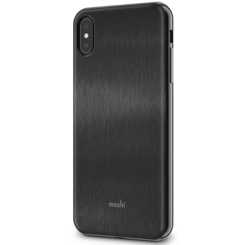Moshi Iglaze For Iphone Xs Max Moshi black brushed-metal iphone case with vertical dual-camera cutout.