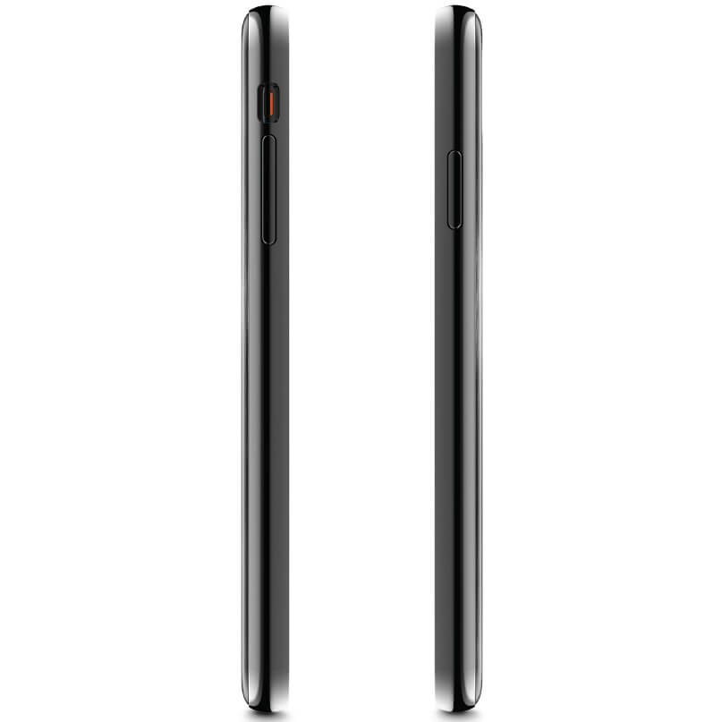 Moshi Iglaze For Iphone Xs Max Two side views of a black glossy smartphone with a slim profile and side buttons.