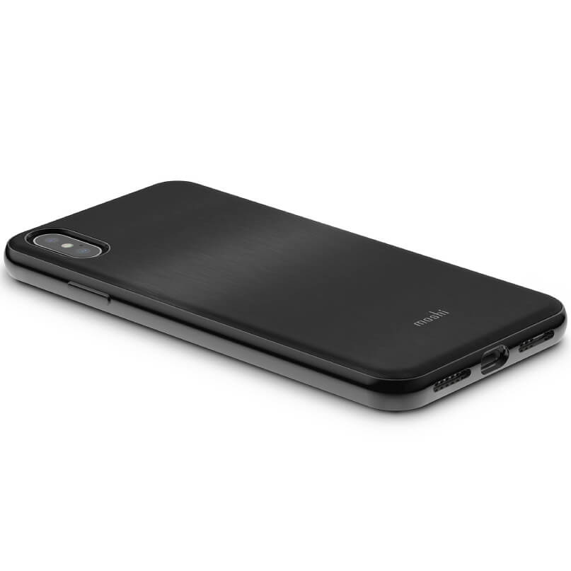 Moshi Iglaze For Iphone Xs Max Black mobi smartphone with matte back, dual rear camera in a vertical pill housing, slim rounded edges.