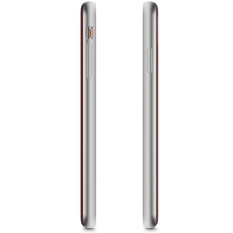 Moshi Iglaze For Iphone Xs Max Side views of a silver smartphone with red trim and visible side buttons.