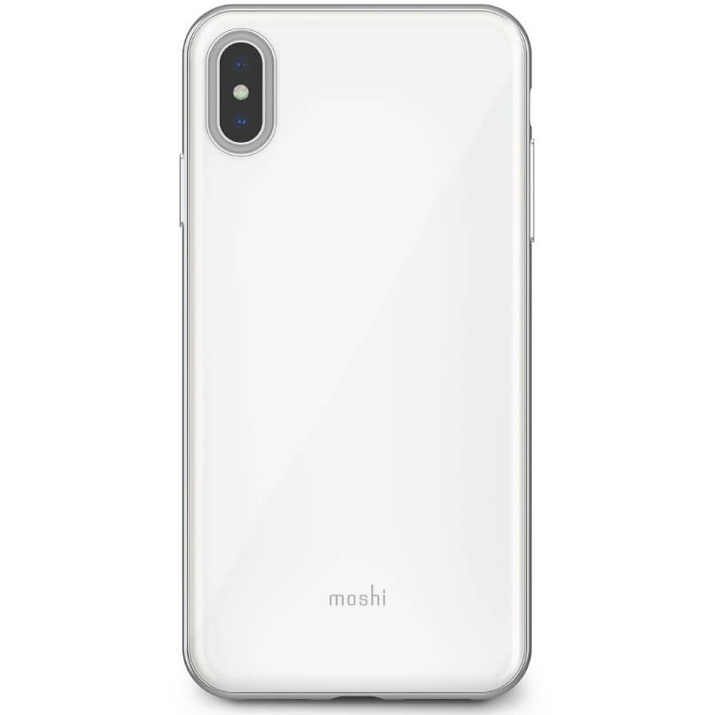 Moshi Iglaze For Iphone Xs Max Moshi clear protective case for a white iphone x/xs, back view with dual-camera cutout and logo.
