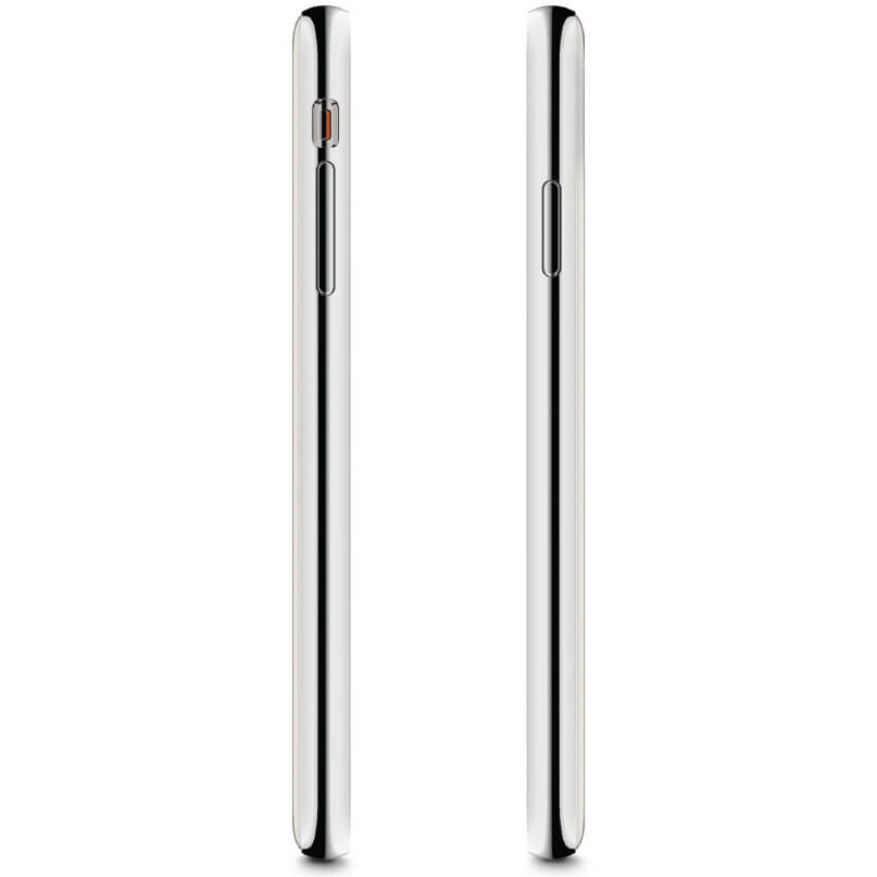 Moshi Iglaze For Iphone Xs Max Two side views of a chrome smartphone with a slim metal frame and side buttons.